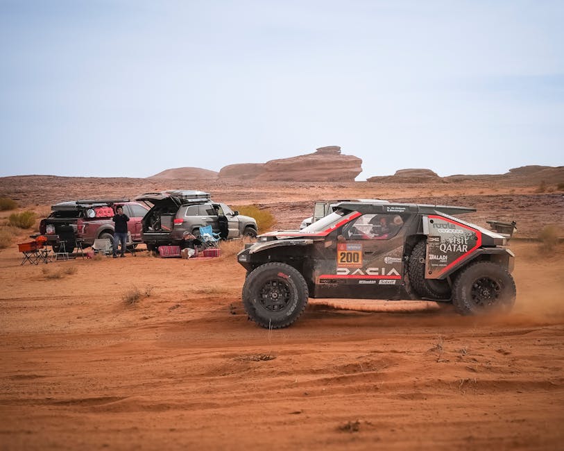 Actiongeladenes Offroad-Rallyerennen inmitten atemberaubender W&uuml;stenlandschaften, das den Nervenkitzel des Abenteuers einf&auml;ngt.
